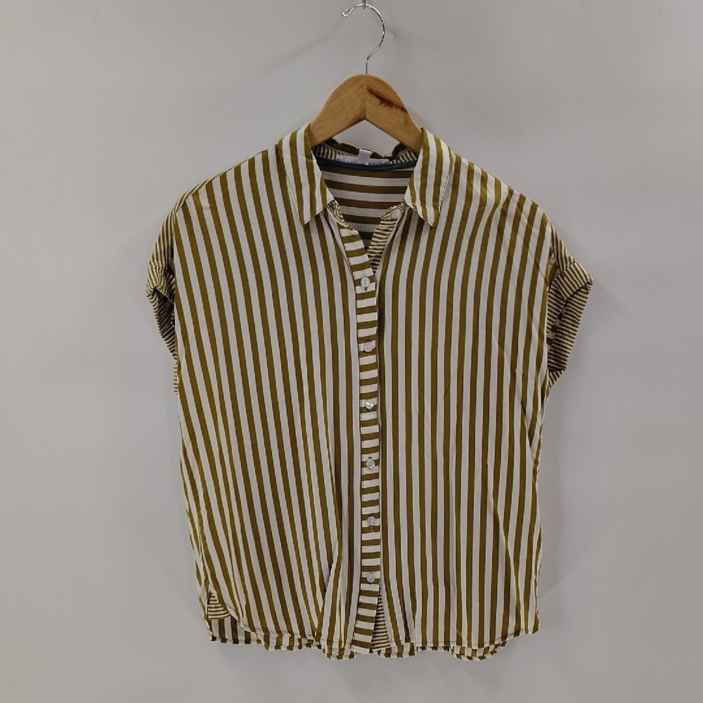Jane And Delancey Button Up Top Green White Stripe Medium